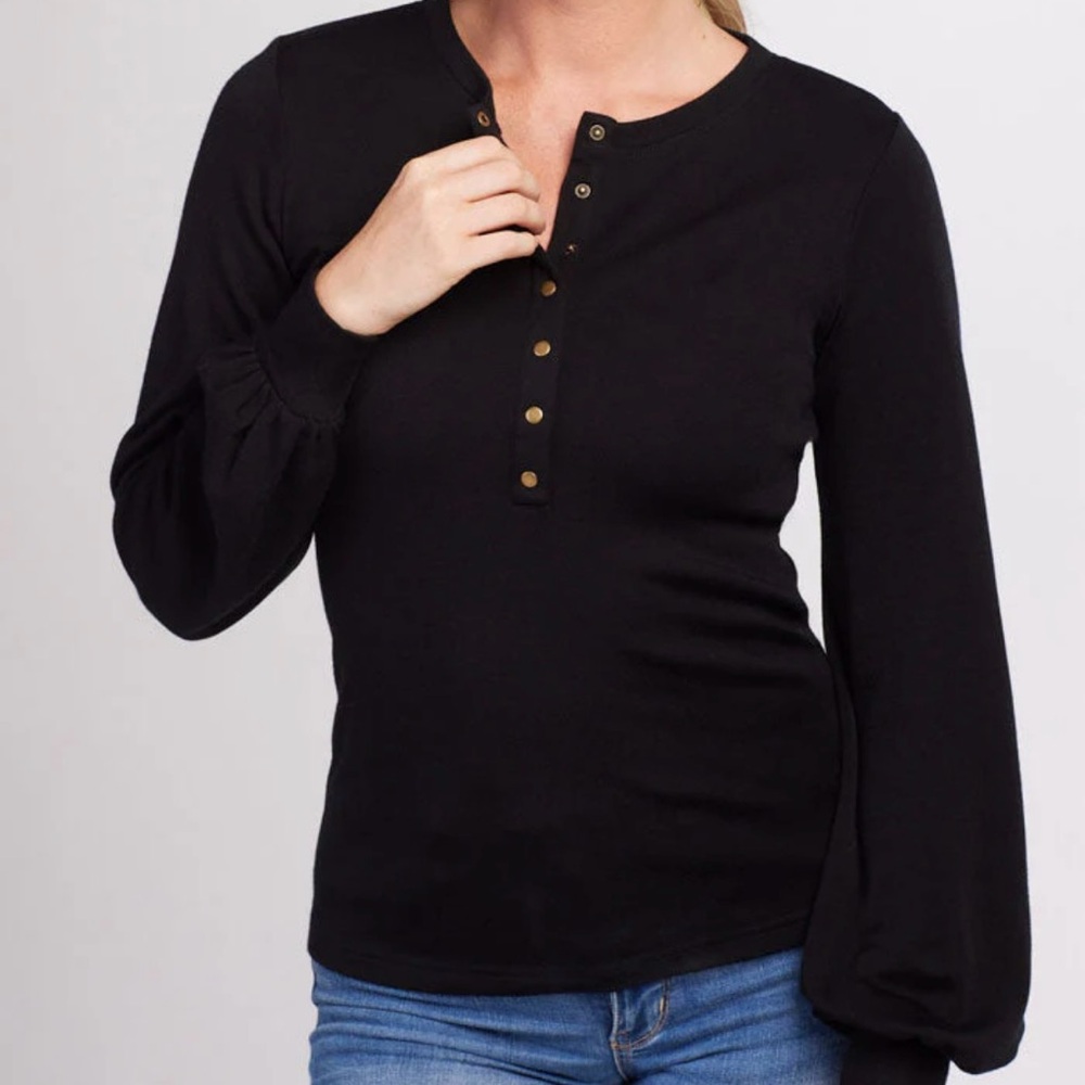 WOOLX Charlotte Puff Sleeve Black Top - Picture 2 of 8